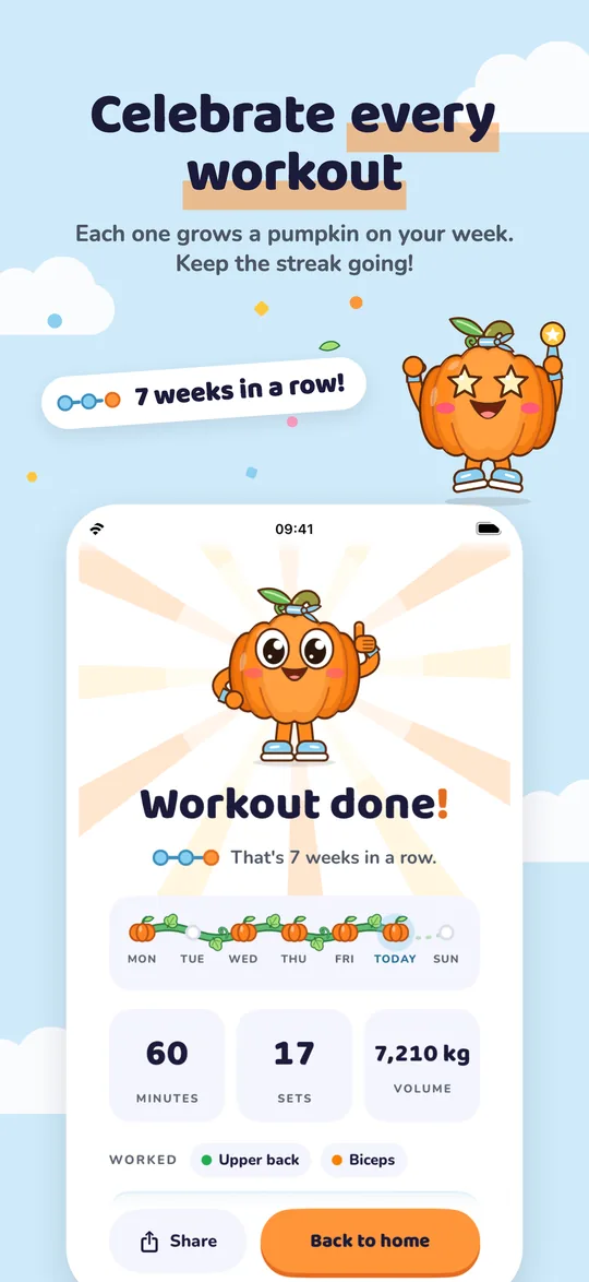 Celebrate every workout: each one grows a pumpkin on your week